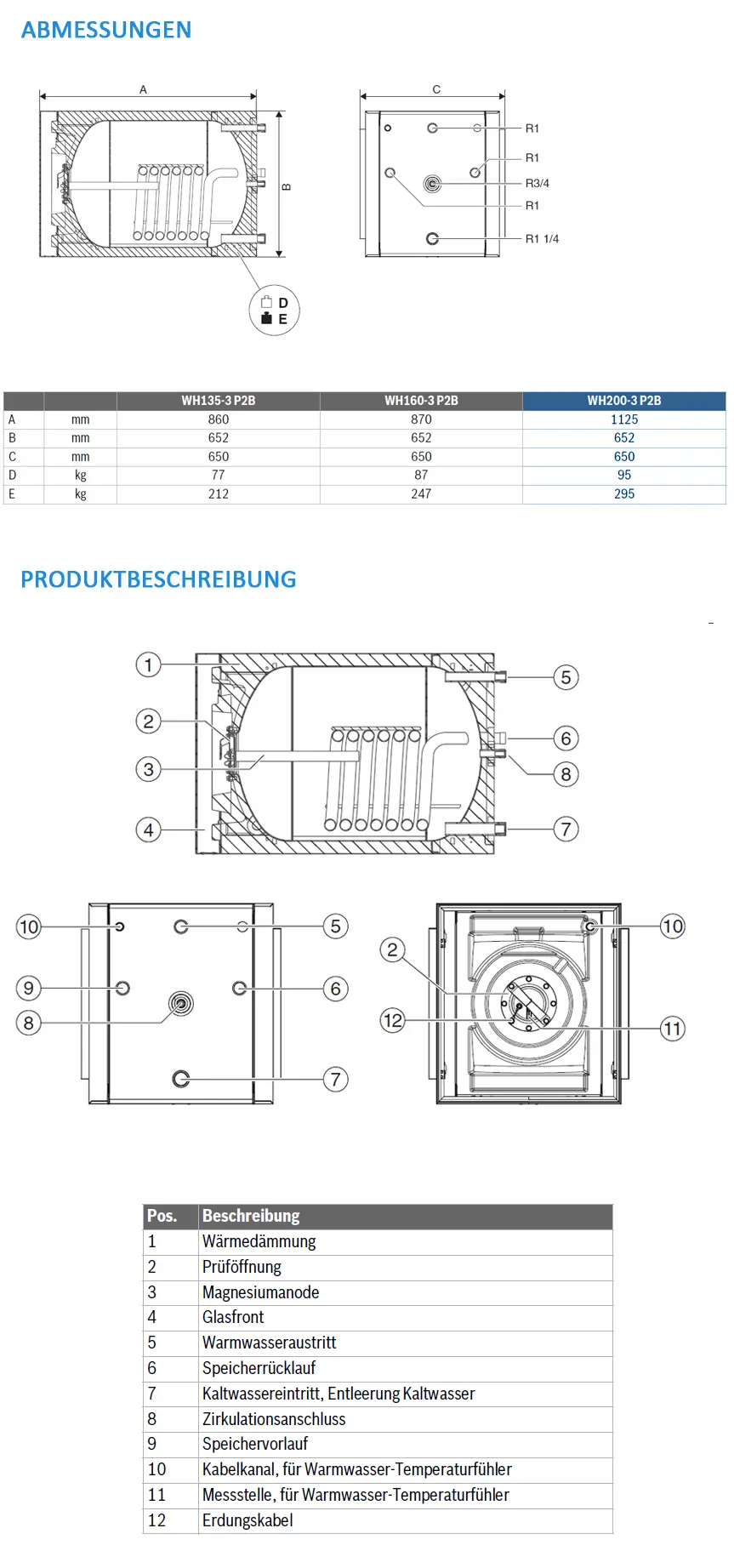 Warmwasserspeicher von Bosch, horizontal, mit emailliertem Stahlbehälter, sichtbare Anschlussstellen und Komponenten für Warmwasser- und Kaltwasserführung, inklusive Magnesiumanode.